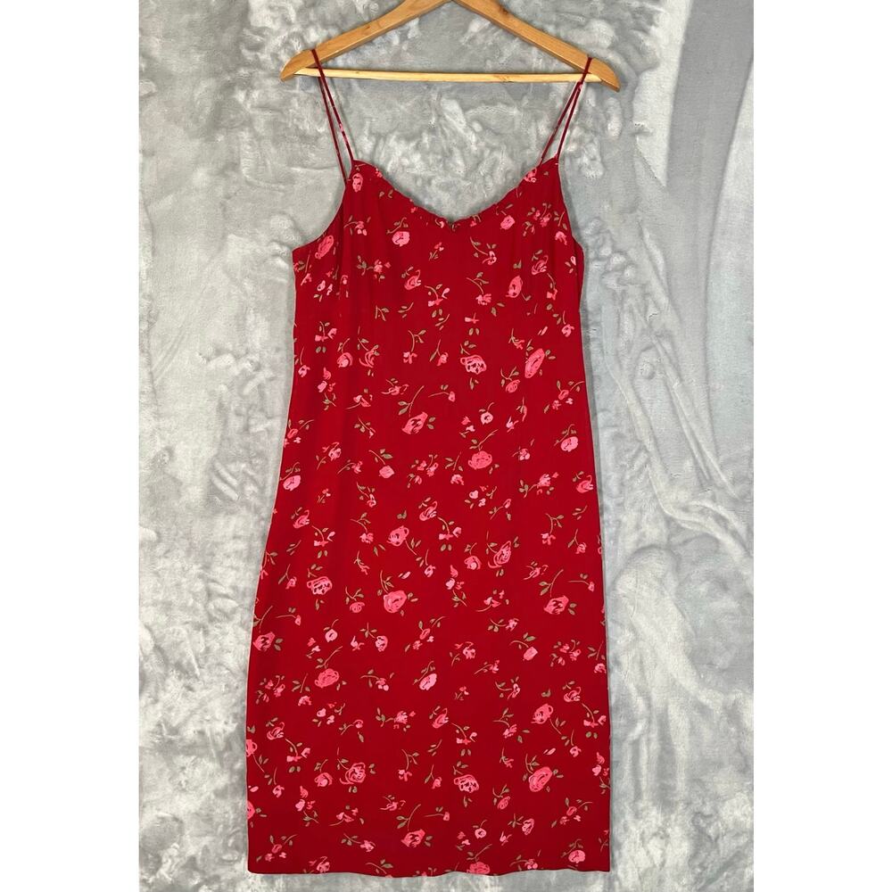 Vintage Y2K 90s Feminine Floral Chiffon Slip Midi Dress M Red Bias Cut Soft Girl